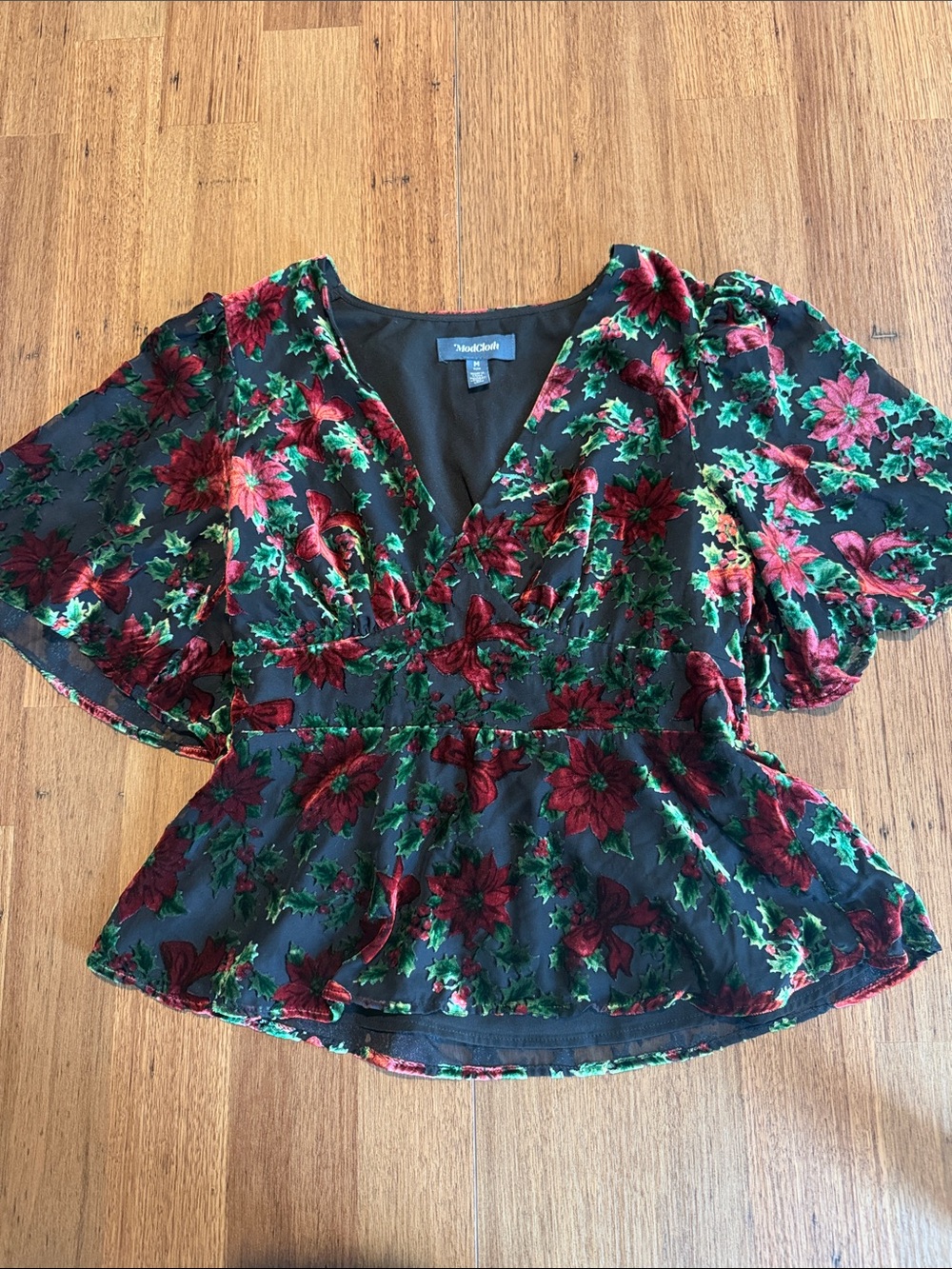 ModCloth Black Velvet Floral Peplum Blouse with Red and Green Accents